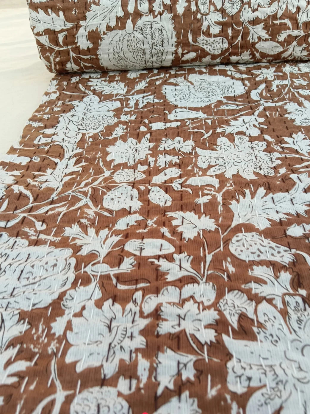 Floral Quilt Hand block Print floral Kantha Indian Natural Color