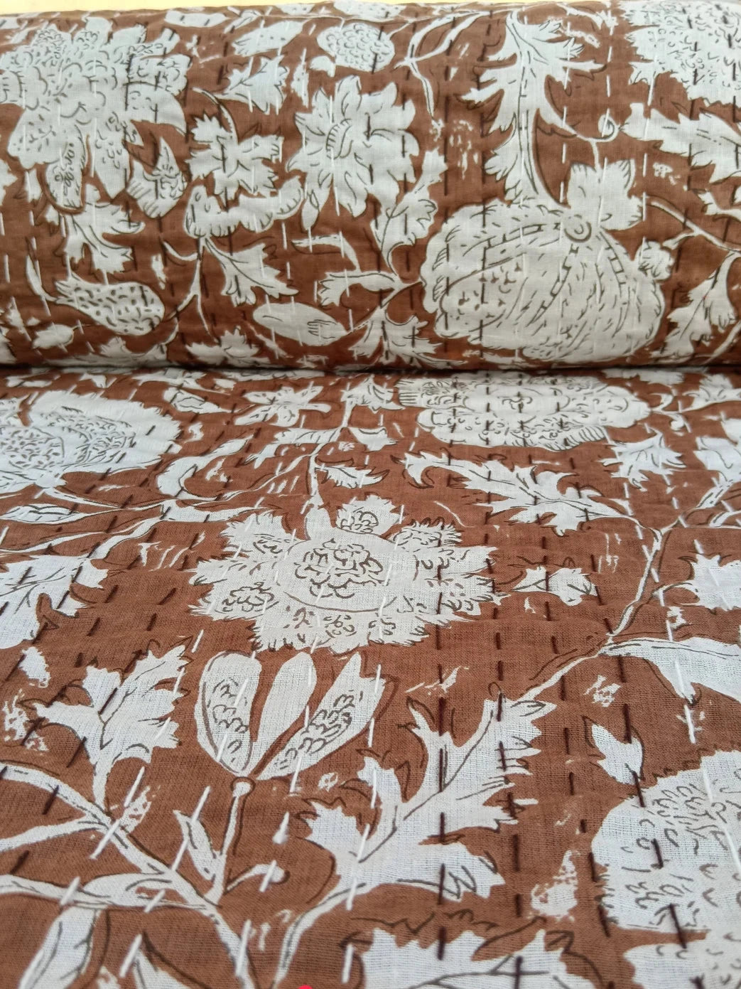 Floral Quilt Hand block Print floral Kantha Indian Natural Color