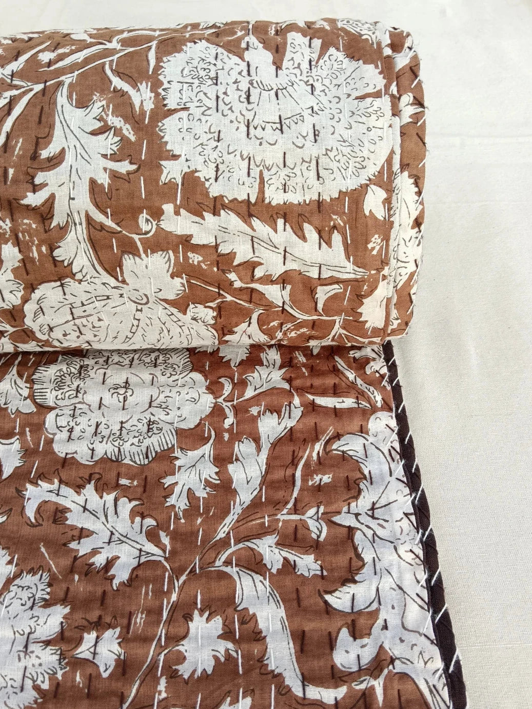 Floral Quilt Hand block Print floral Kantha Indian Natural Color