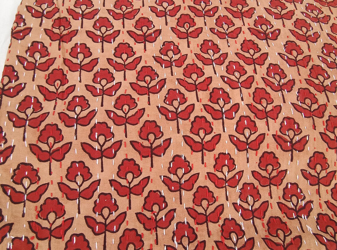 Floral Quilt Hand block Print floral Kantha Indian Natural Color