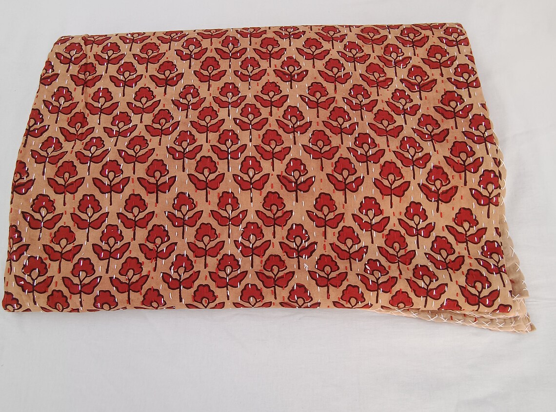 Floral Quilt Hand block Print floral Kantha Indian Natural Color