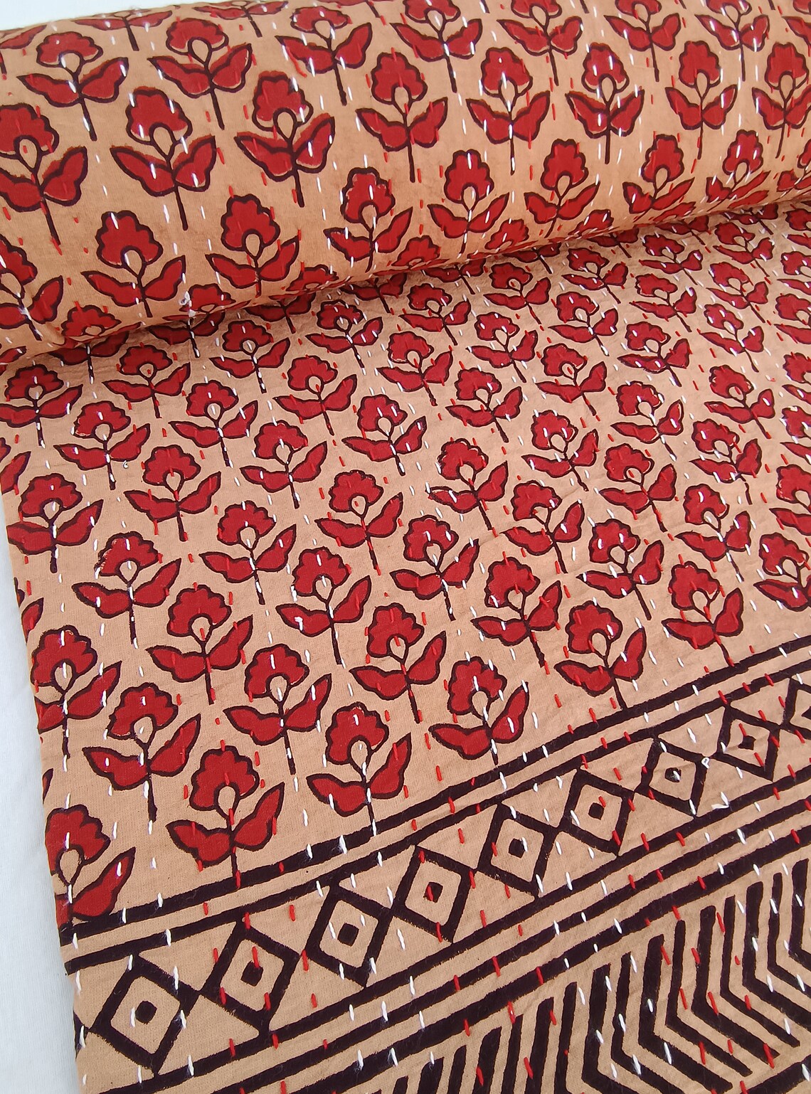 Floral Quilt Hand block Print floral Kantha Indian Natural Color