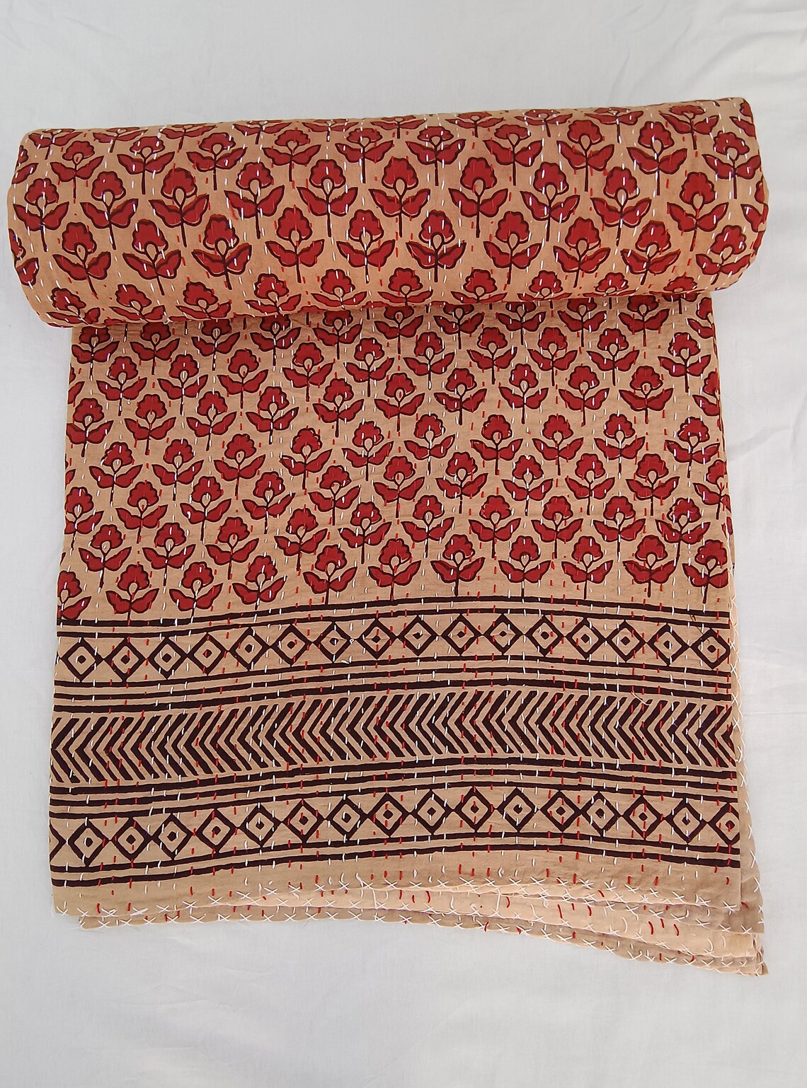 Floral Quilt Hand block Print floral Kantha Indian Natural Color