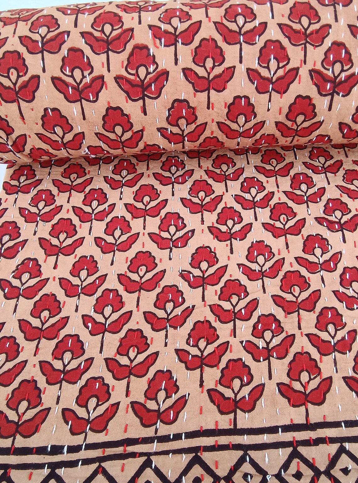 Floral Quilt Hand block Print floral Kantha Indian Natural Color