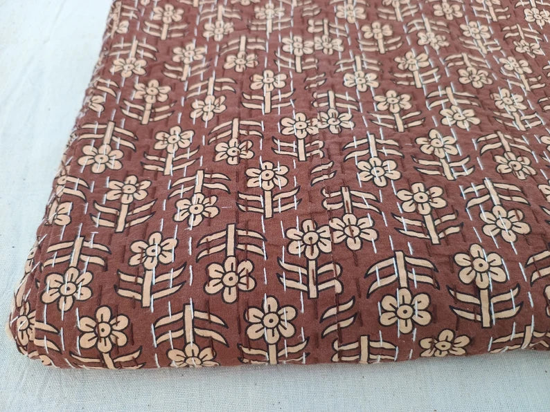 Kantha Quilt Floral Design Handmade Kantha Quilted Bedspread